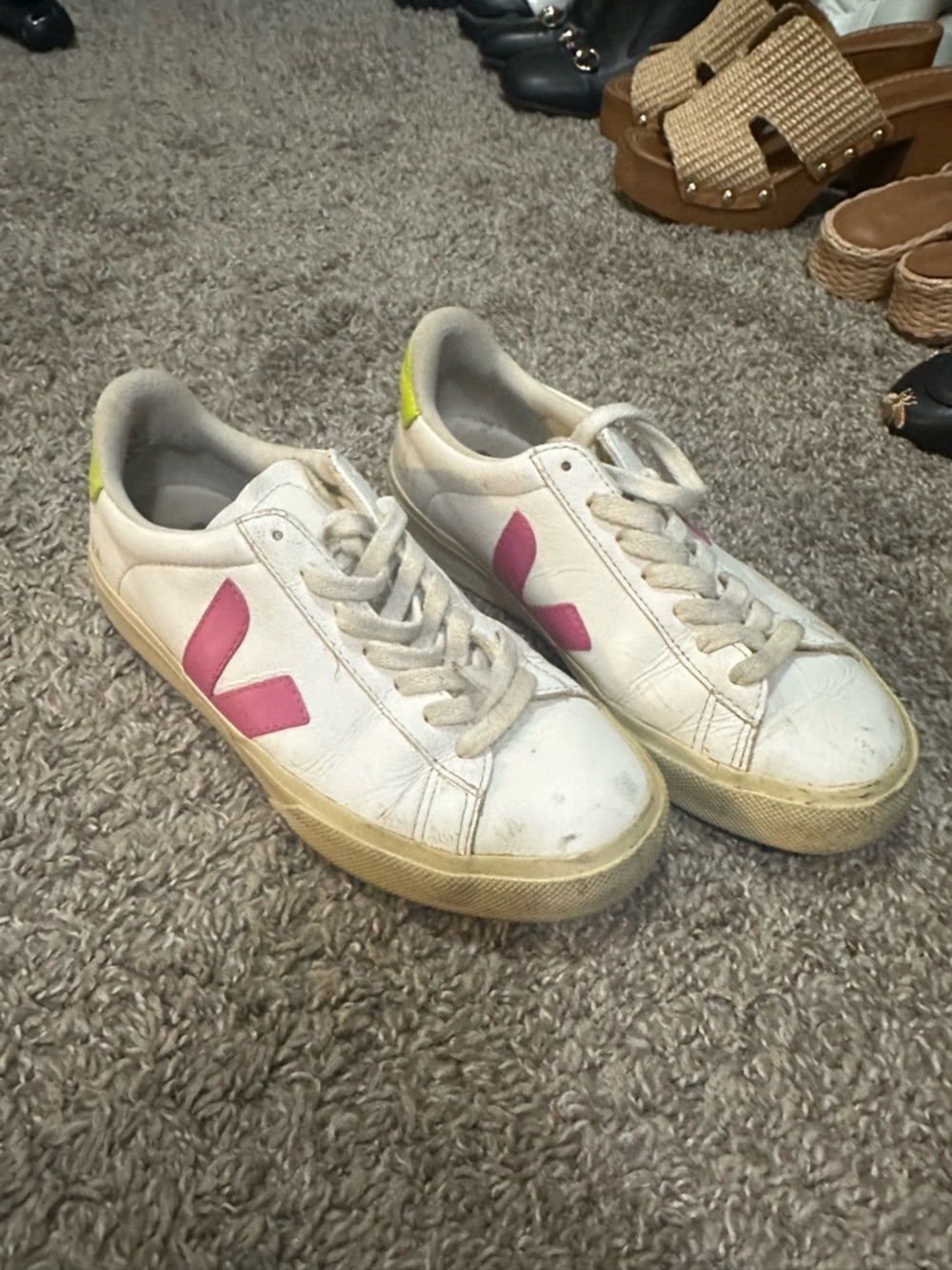 Veja White Sneakers with Pink & Lime Green Accent - Women
